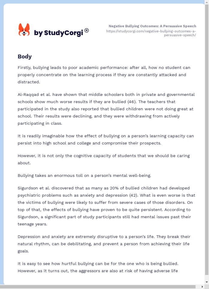 Negative Bullying Outcomes: A Persuasive Speech. Page 2