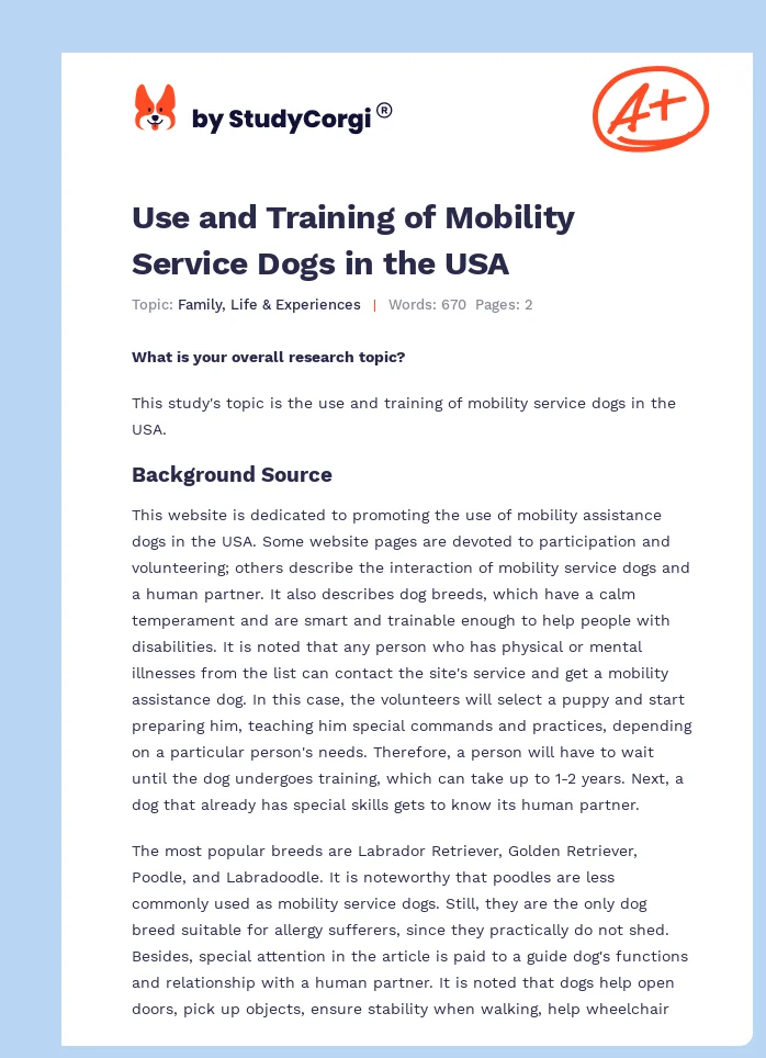 Use and Training of Mobility Service Dogs in the USA. Page 1