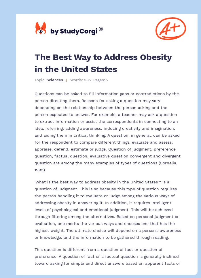 The Best Way to Address Obesity in the United States. Page 1