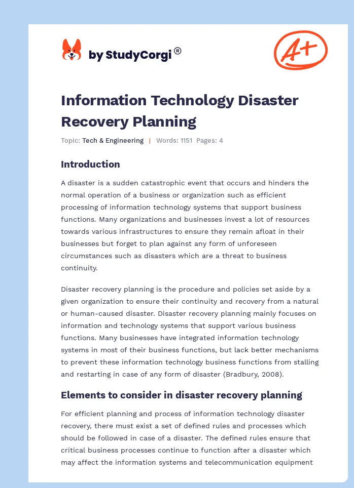 Information Technology Disaster Recovery Planning. Page 1