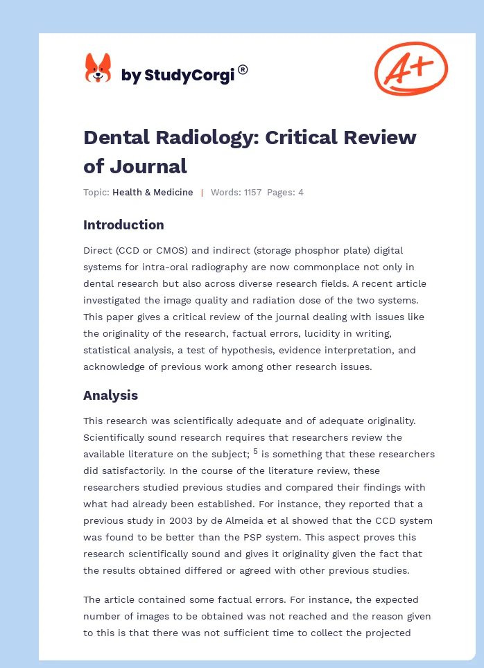 Dental Radiology: Critical Review of Journal. Page 1
