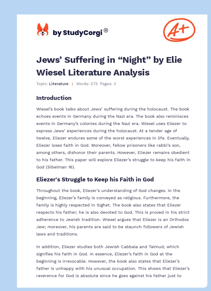Jews’ Suffering in “Night” by Elie Wiesel Literature Analysis. Page 1