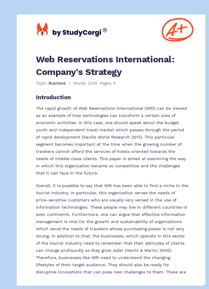 Web Reservations International: Company's Strategy. Page 1