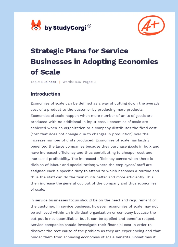 Strategic Plans for Service Businesses in Adopting Economies of Scale. Page 1