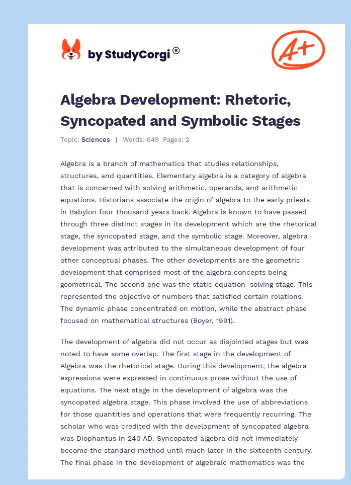 Algebra Development: Rhetoric, Syncopated and Symbolic Stages. Page 1