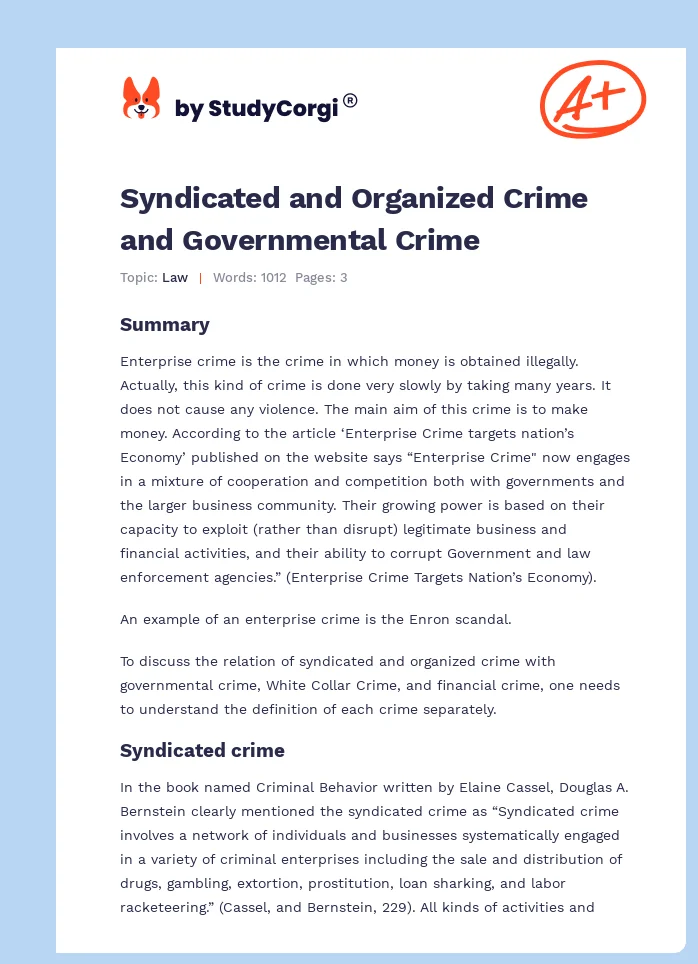 Syndicated and Organized Crime and Governmental Crime. Page 1