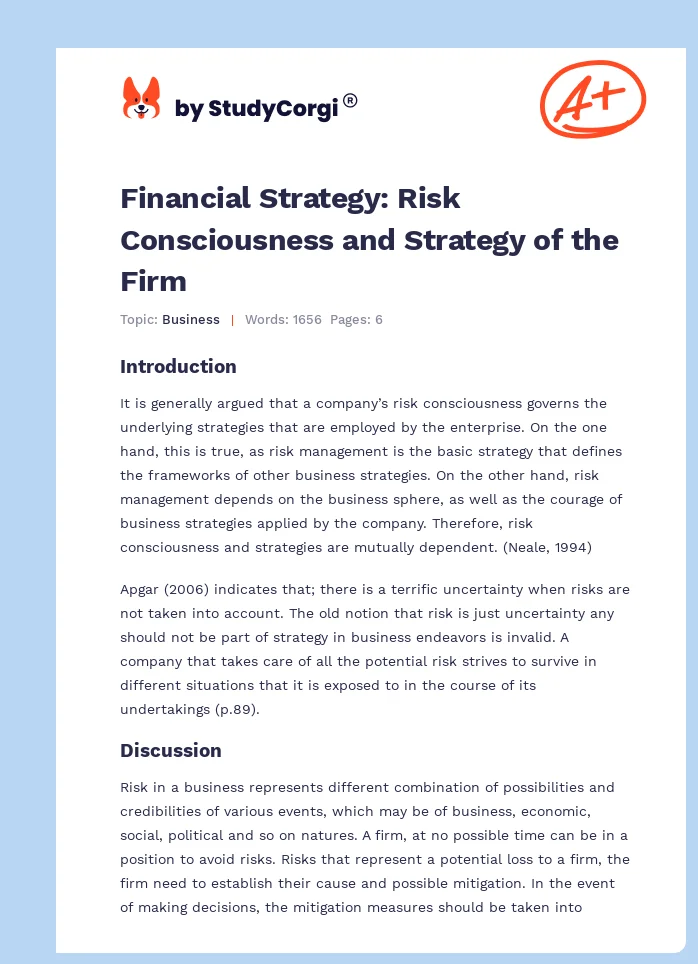 Financial Strategy: Risk Consciousness and Strategy of the Firm. Page 1