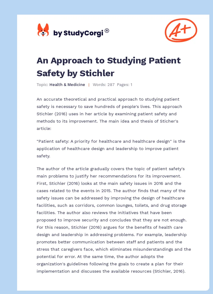 An Approach to Studying Patient Safety by Stichler. Page 1