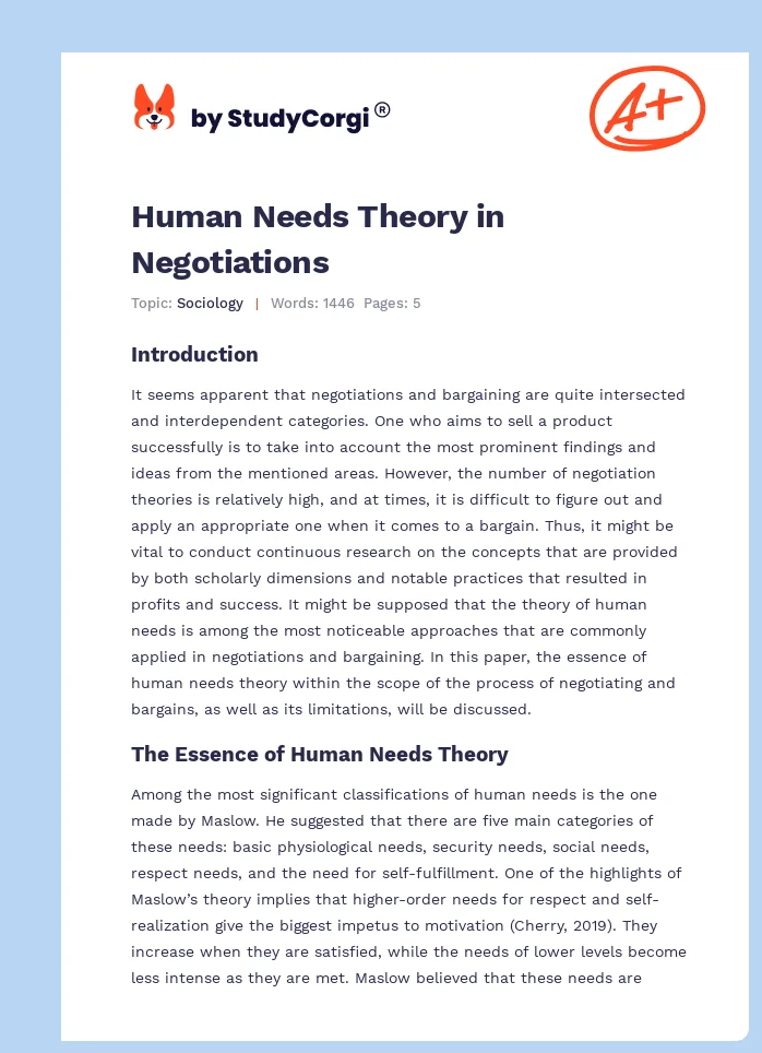 Human Needs Theory in Negotiations. Page 1