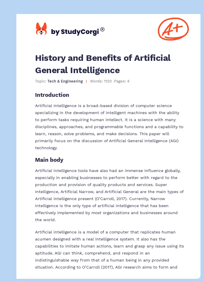 History and Benefits of Artificial General Intelligence. Page 1