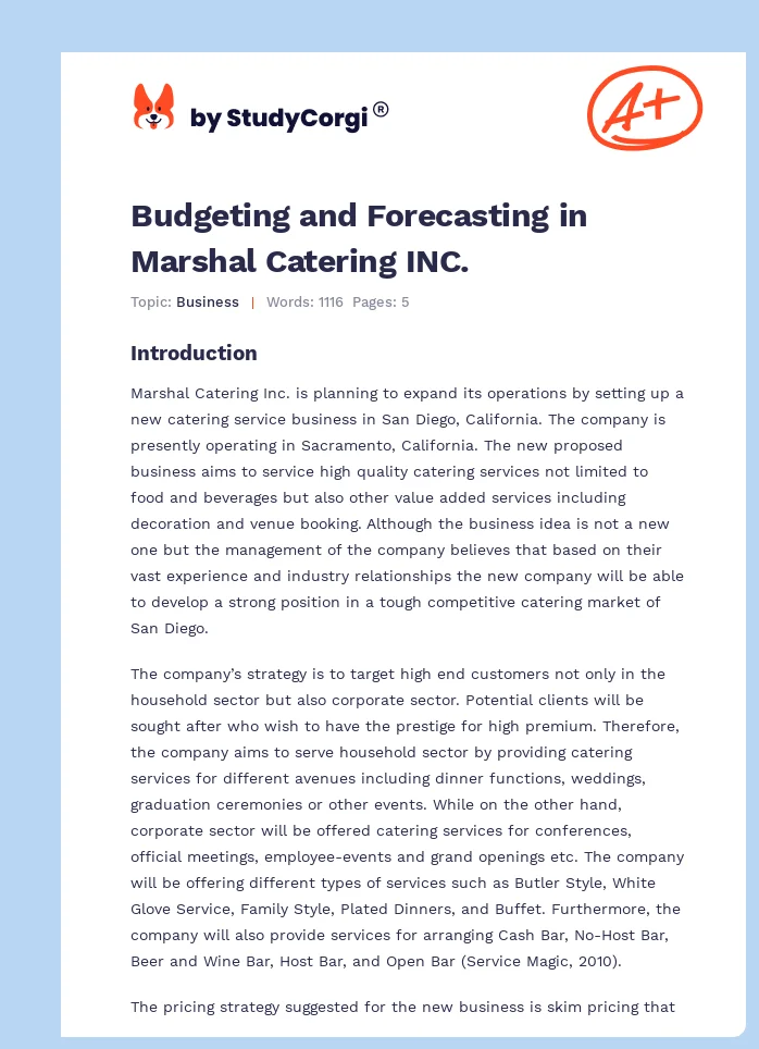 Budgeting and Forecasting in Marshal Catering INC.. Page 1