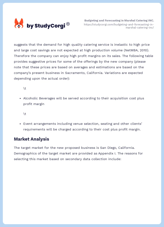 Budgeting and Forecasting in Marshal Catering INC.. Page 2