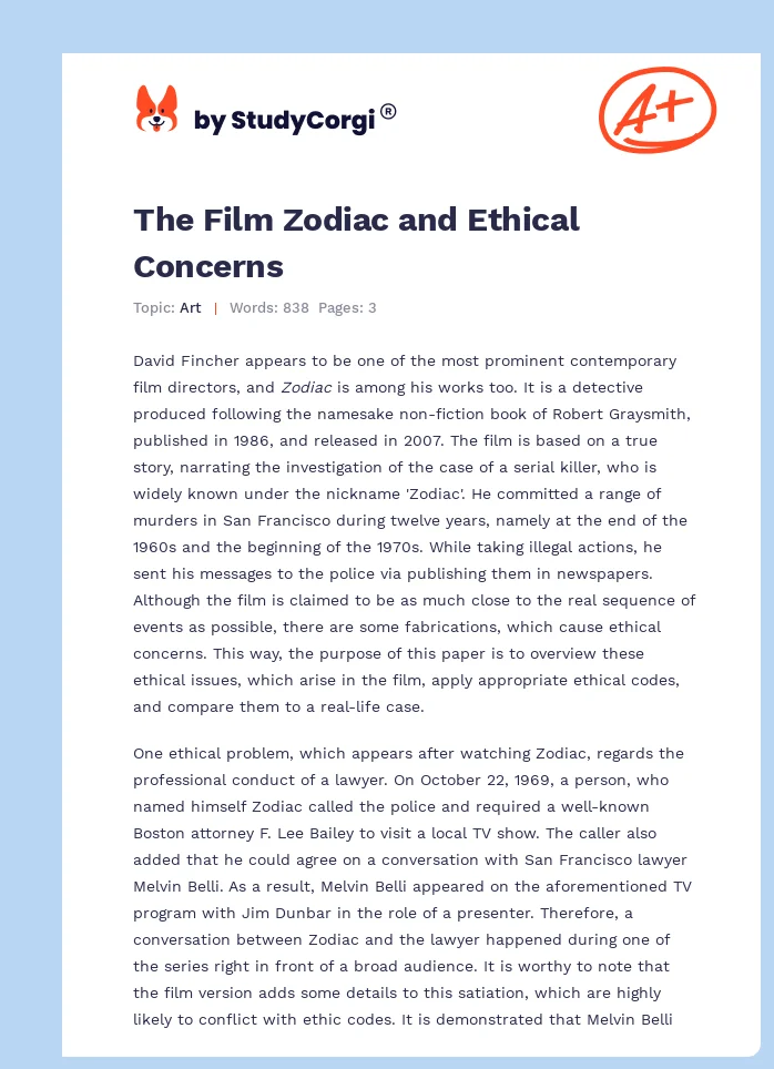 The Film Zodiac and Ethical Concerns. Page 1