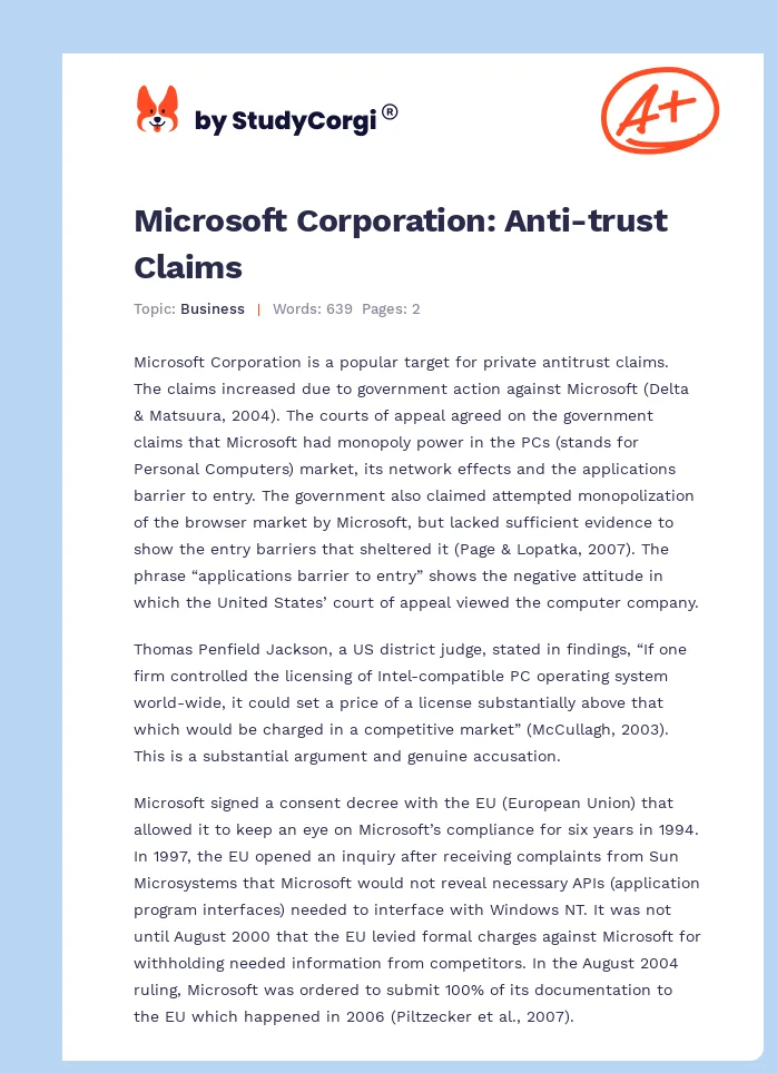 Microsoft Corporation: Anti-trust Claims. Page 1