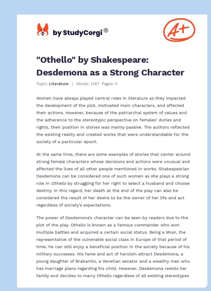 "Othello" by Shakespeare: Desdemona as a Strong Character. Page 1