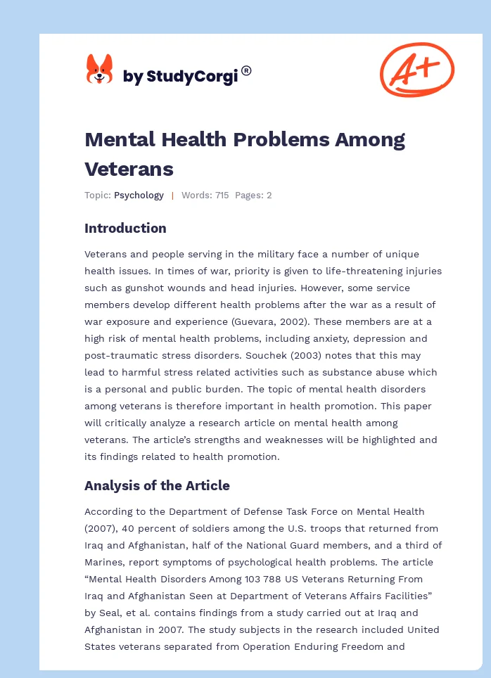 Mental Health Problems Among Veterans. Page 1
