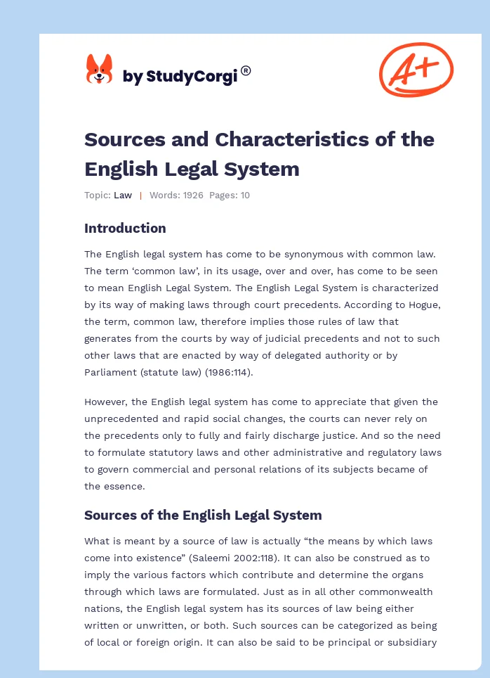 Sources and Characteristics of the English Legal System. Page 1