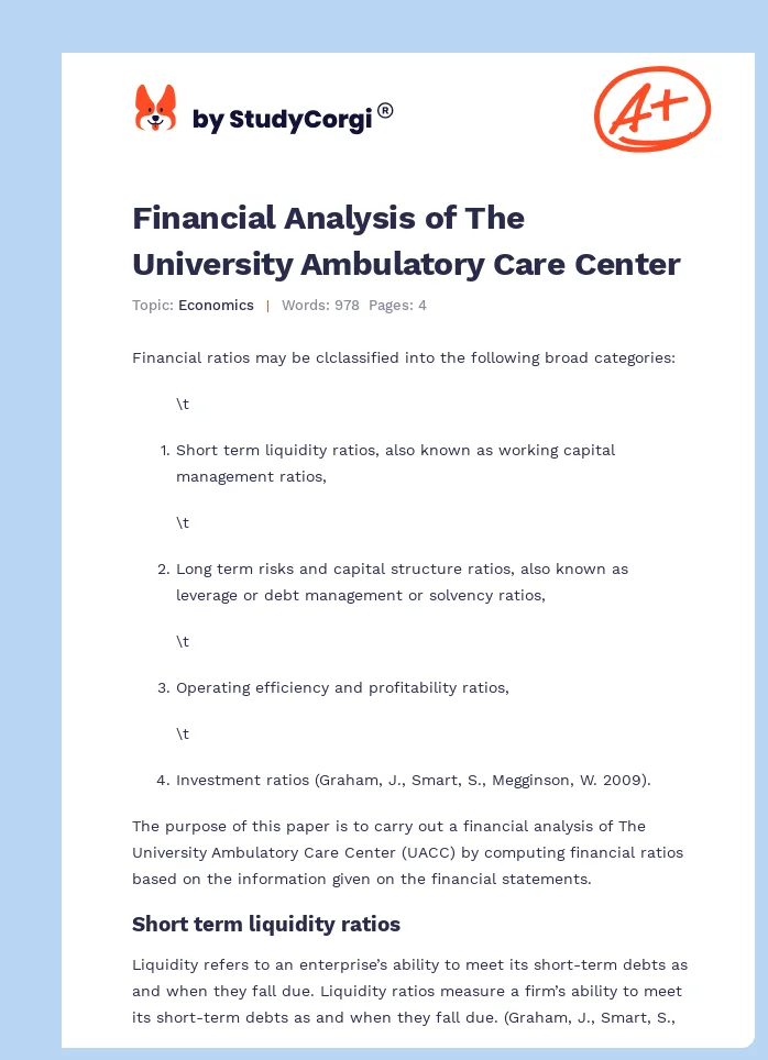 Financial Analysis of The University Ambulatory Care Center. Page 1
