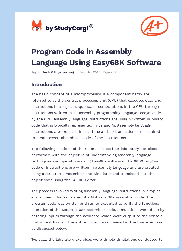 Program Code in Assembly Language Using Easy68K Software. Page 1