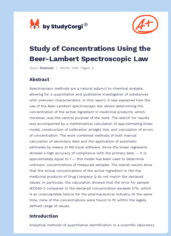 Study of Concentrations Using the Beer-Lambert Spectroscopic Law. Page 1
