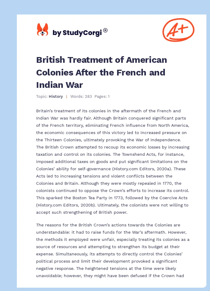 British Treatment of American Colonies After the French and Indian War. Page 1