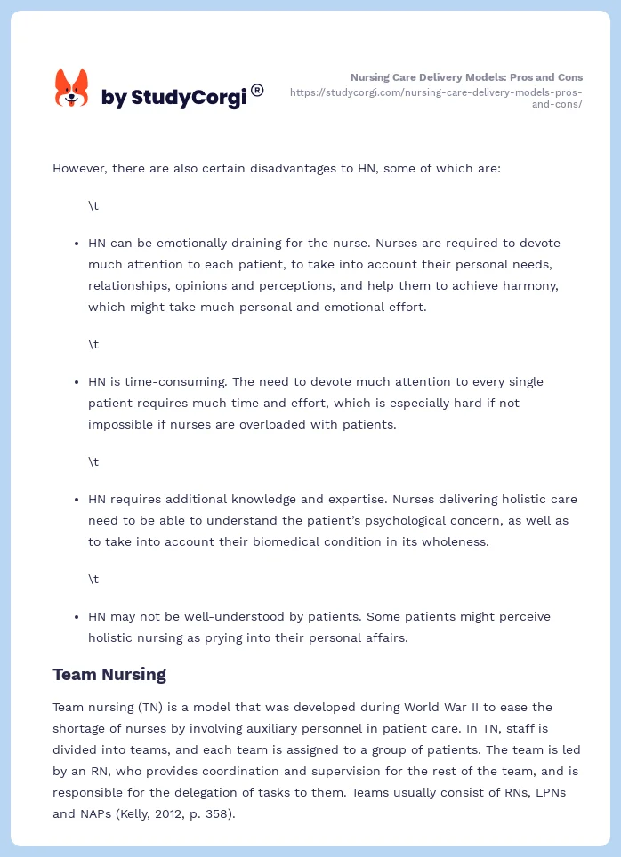 Nursing Care Delivery Models: Pros and Cons. Page 2