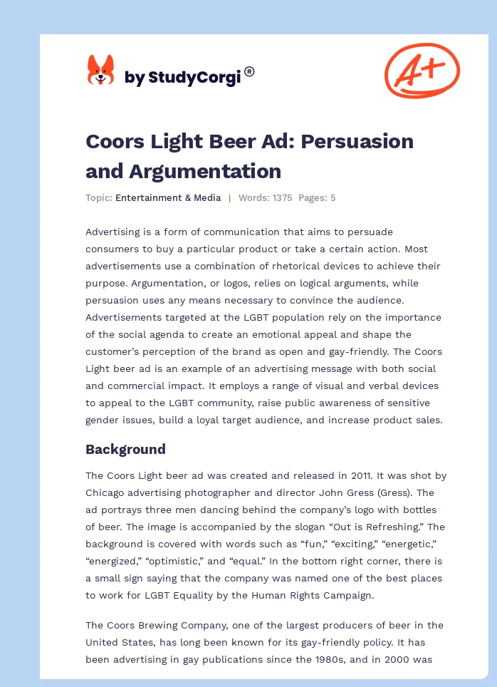 Coors Light Beer Ad: Persuasion and Argumentation. Page 1