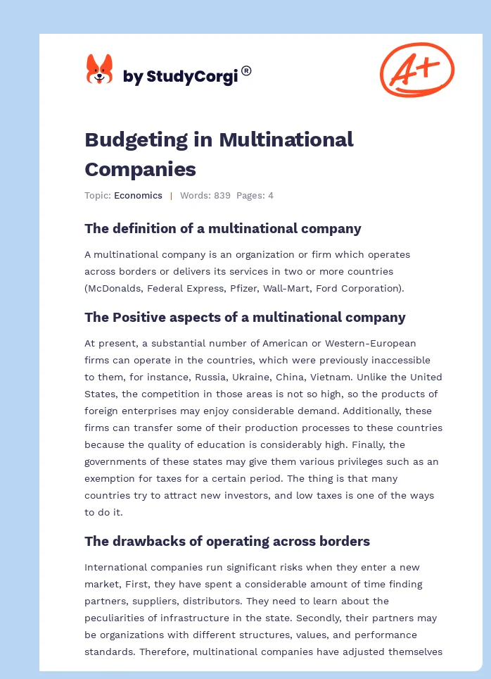 Budgeting in Multinational Companies. Page 1