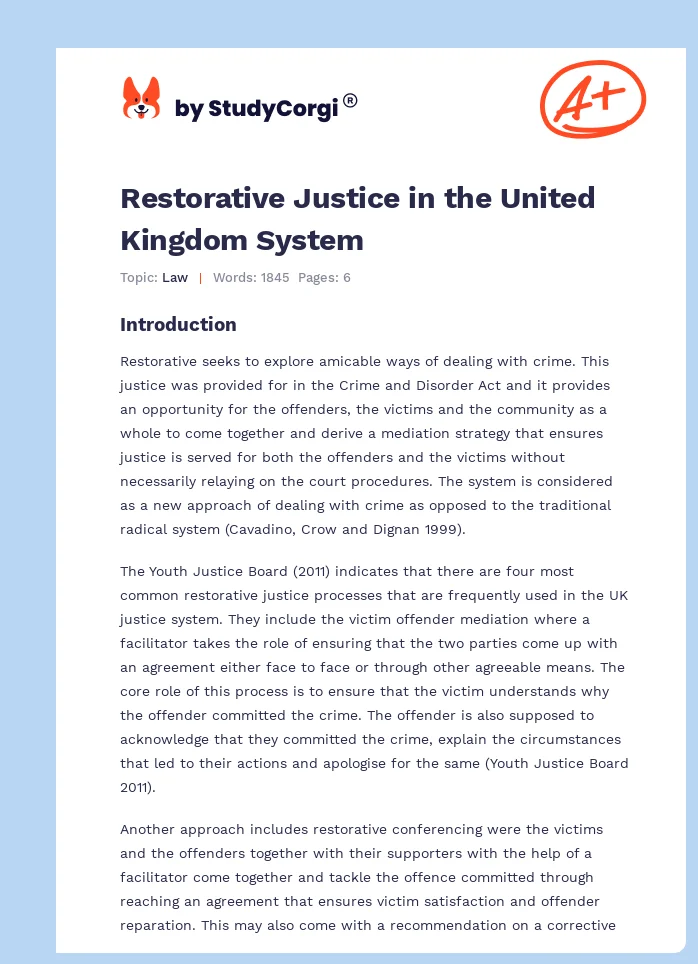 Restorative Justice in the United Kingdom System. Page 1