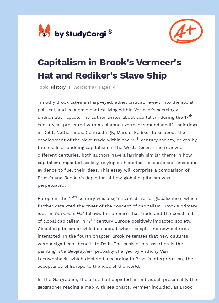 Capitalism in Brook's Vermeer's Hat and Rediker's Slave Ship. Page 1