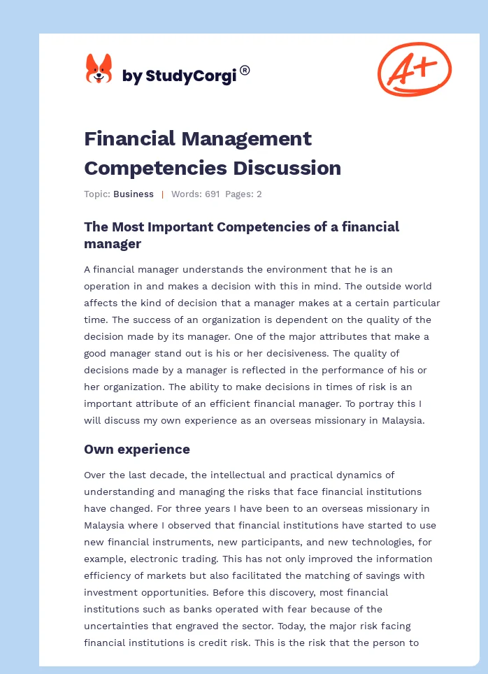 Financial Management Competencies Discussion. Page 1