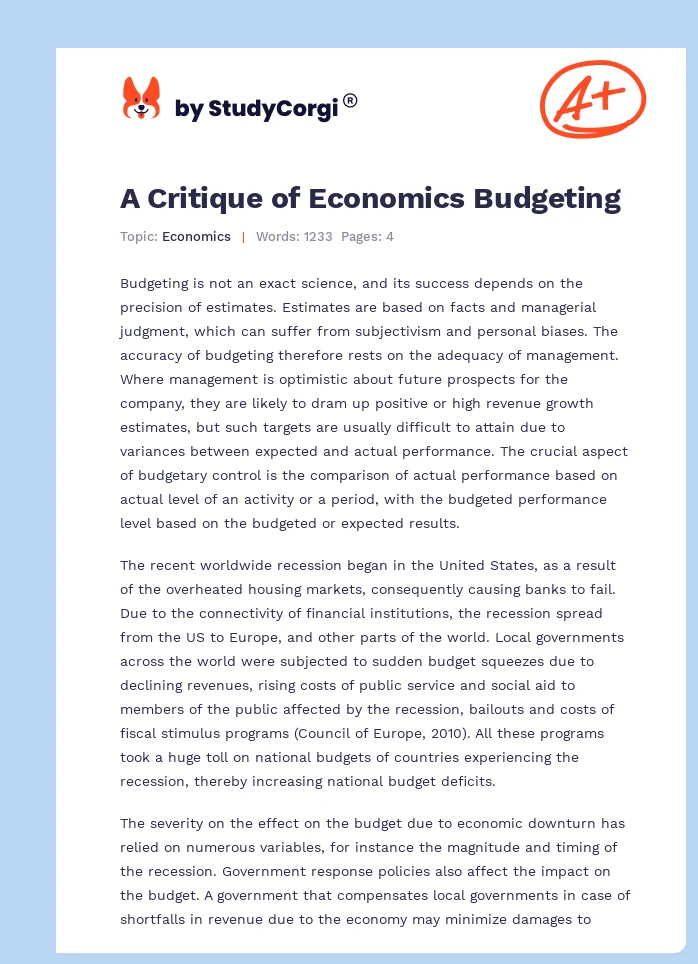 A Critique of Economics Budgeting. Page 1