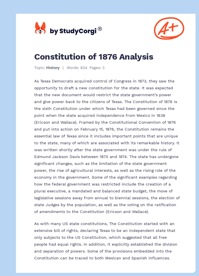 Constitution of 1876 Analysis. Page 1