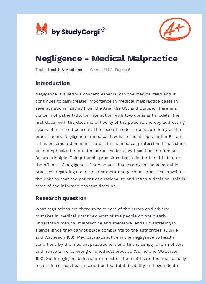 Negligence - Medical Malpractice. Page 1