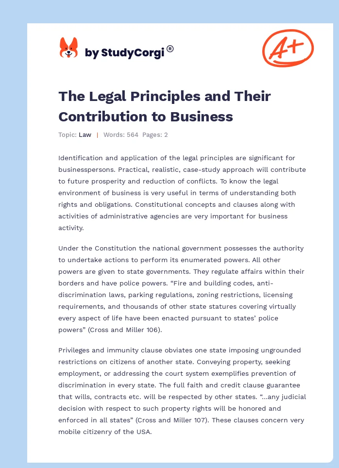 The Legal Principles and Their Contribution to Business. Page 1
