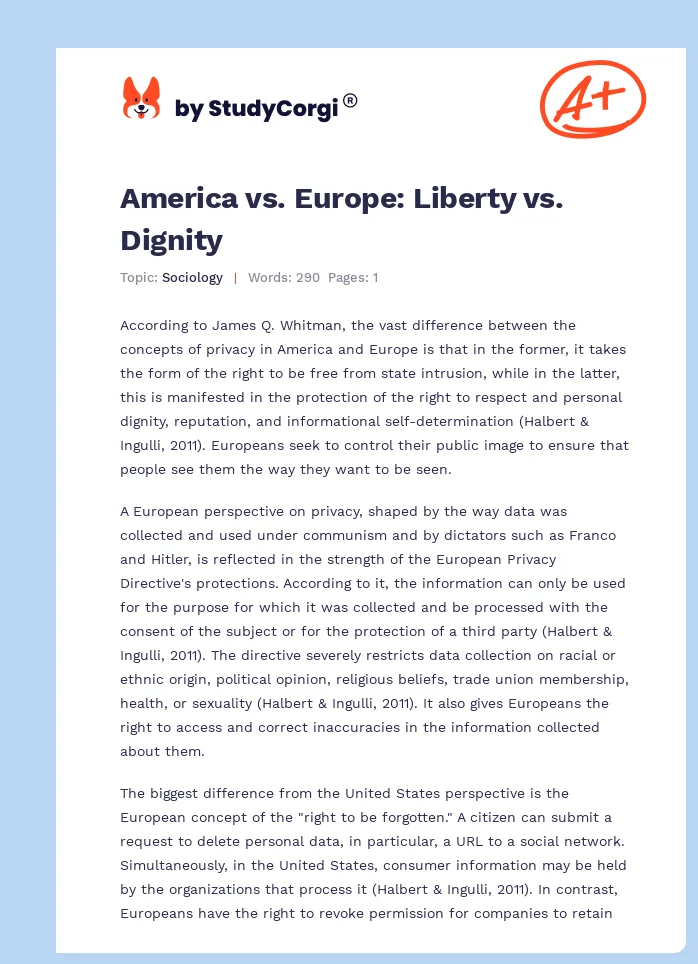 America vs. Europe: Liberty vs. Dignity. Page 1