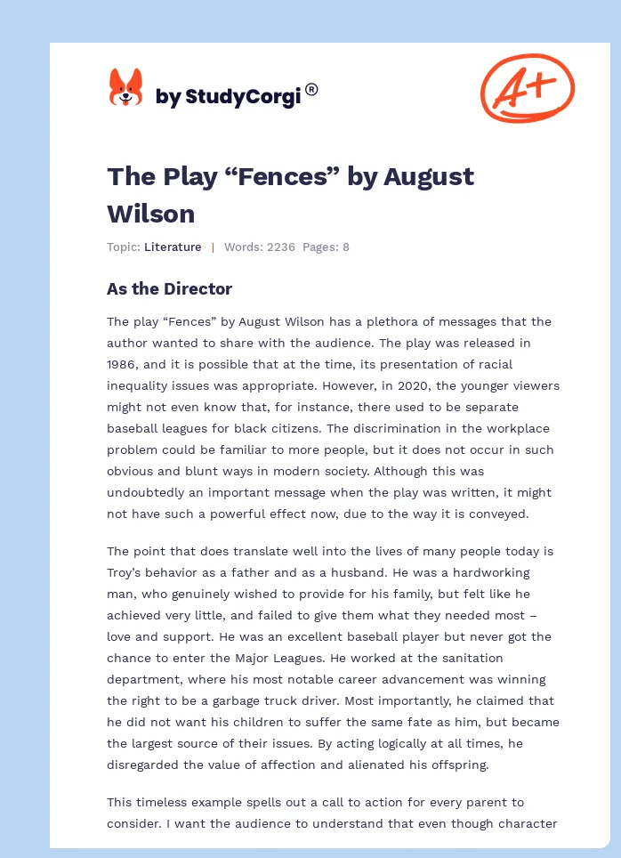 The Play “Fences” by August Wilson. Page 1