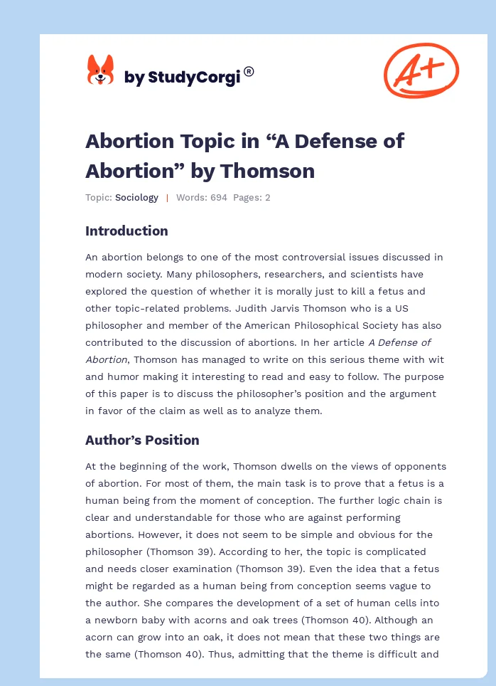 Abortion Topic in “A Defense of Abortion” by Thomson. Page 1