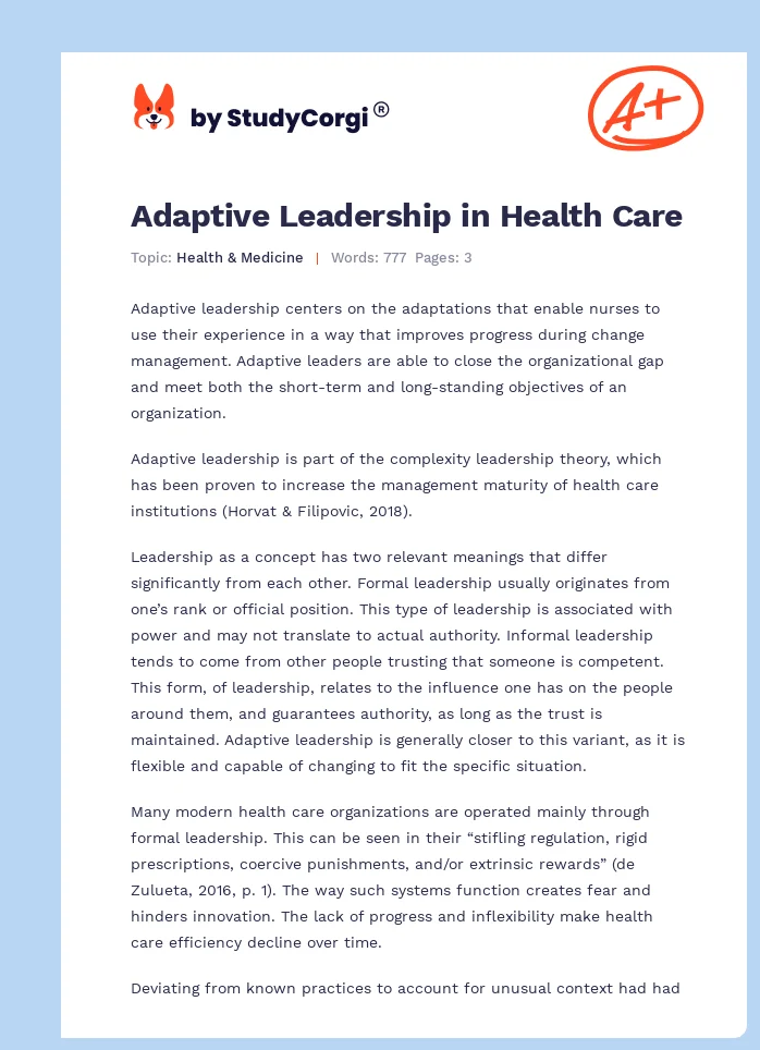 Adaptive Leadership in Health Care. Page 1