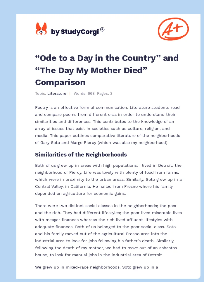 “Ode to a Day in the Country” and “The Day My Mother Died” Comparison. Page 1