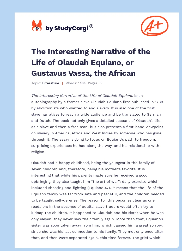 The Interesting Narrative of the Life of Olaudah Equiano, or Gustavus Vassa, the African. Page 1