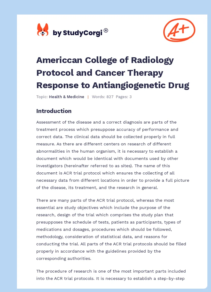 Americcan College of Radiology Protocol and Cancer Therapy Response to Antiangiogenetic Drug. Page 1