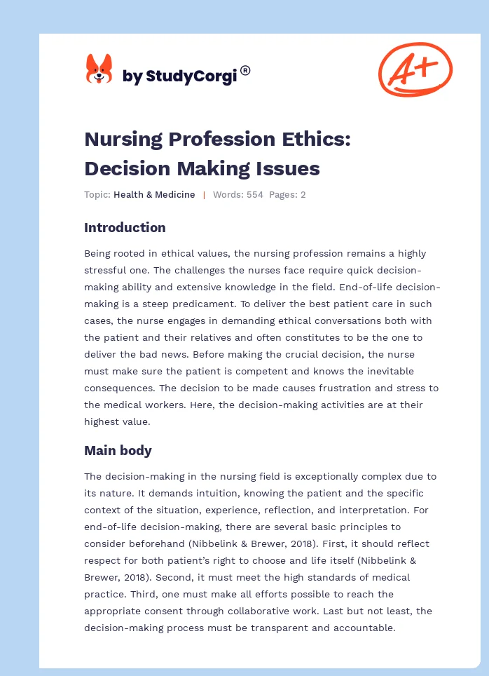 Nursing Profession Ethics: Decision Making Issues. Page 1