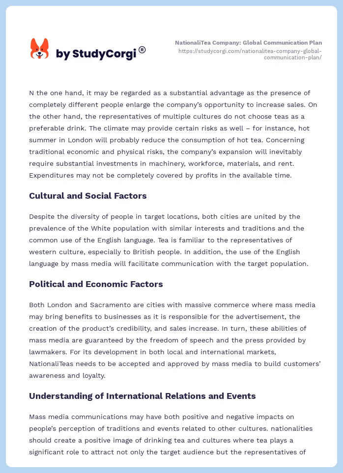 NationaliTea Company: Global Communication Plan. Page 2