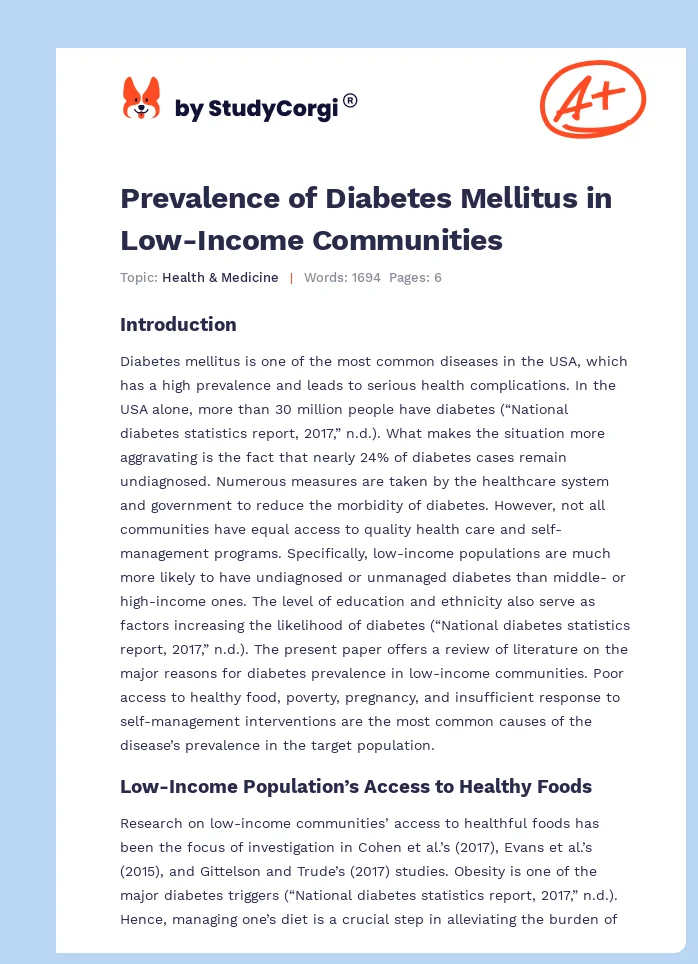 Prevalence of Diabetes Mellitus in Low-Income Communities. Page 1