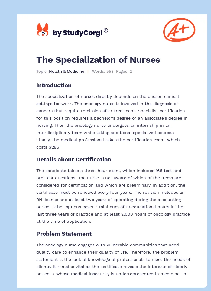 The Specialization of Nurses. Page 1