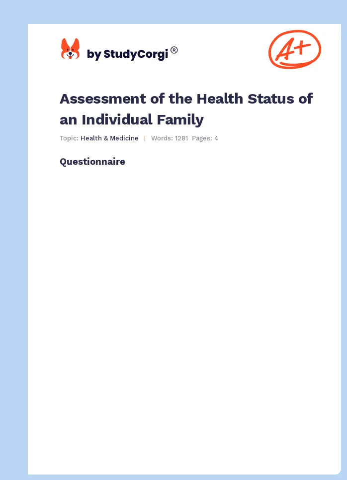 Assessment of the Health Status of an Individual Family. Page 1