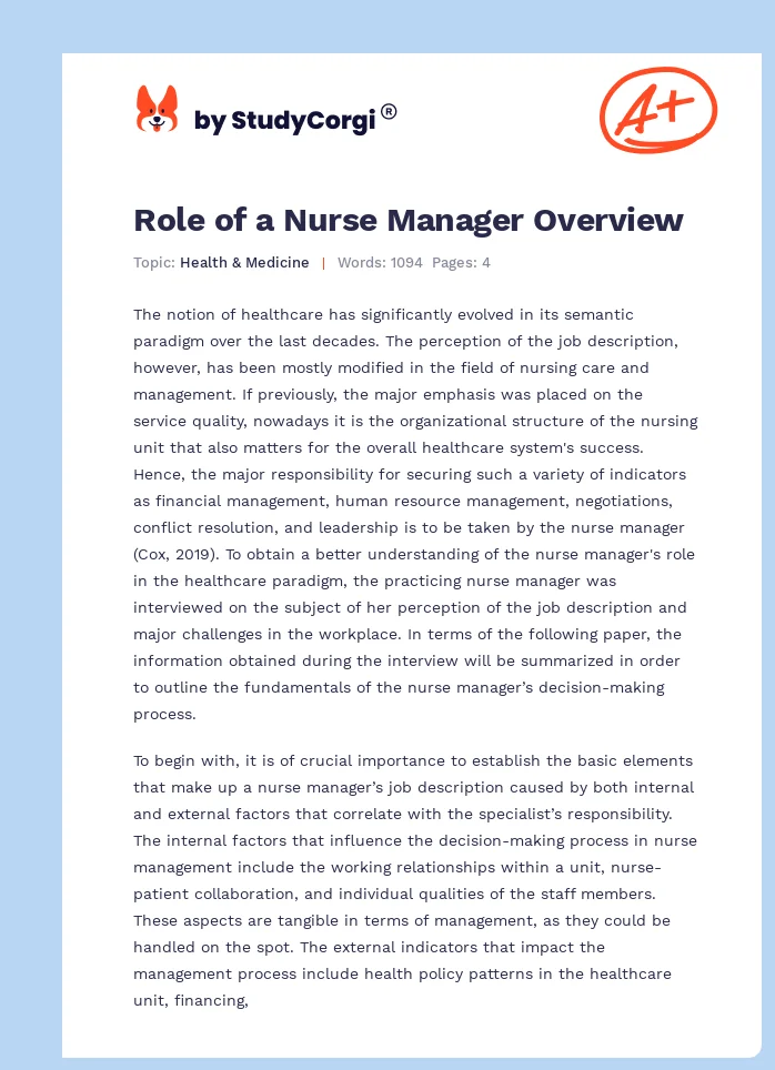 Role of a Nurse Manager Overview. Page 1