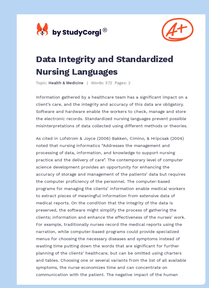 Data Integrity and Standardized Nursing Languages. Page 1