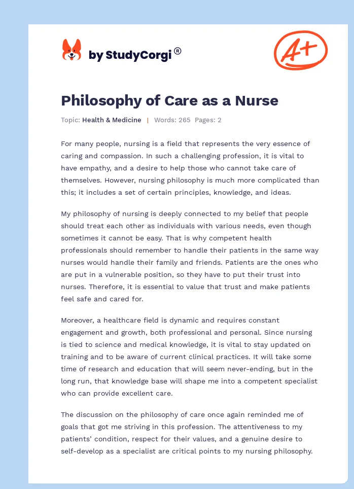 Philosophy of Care as a Nurse. Page 1